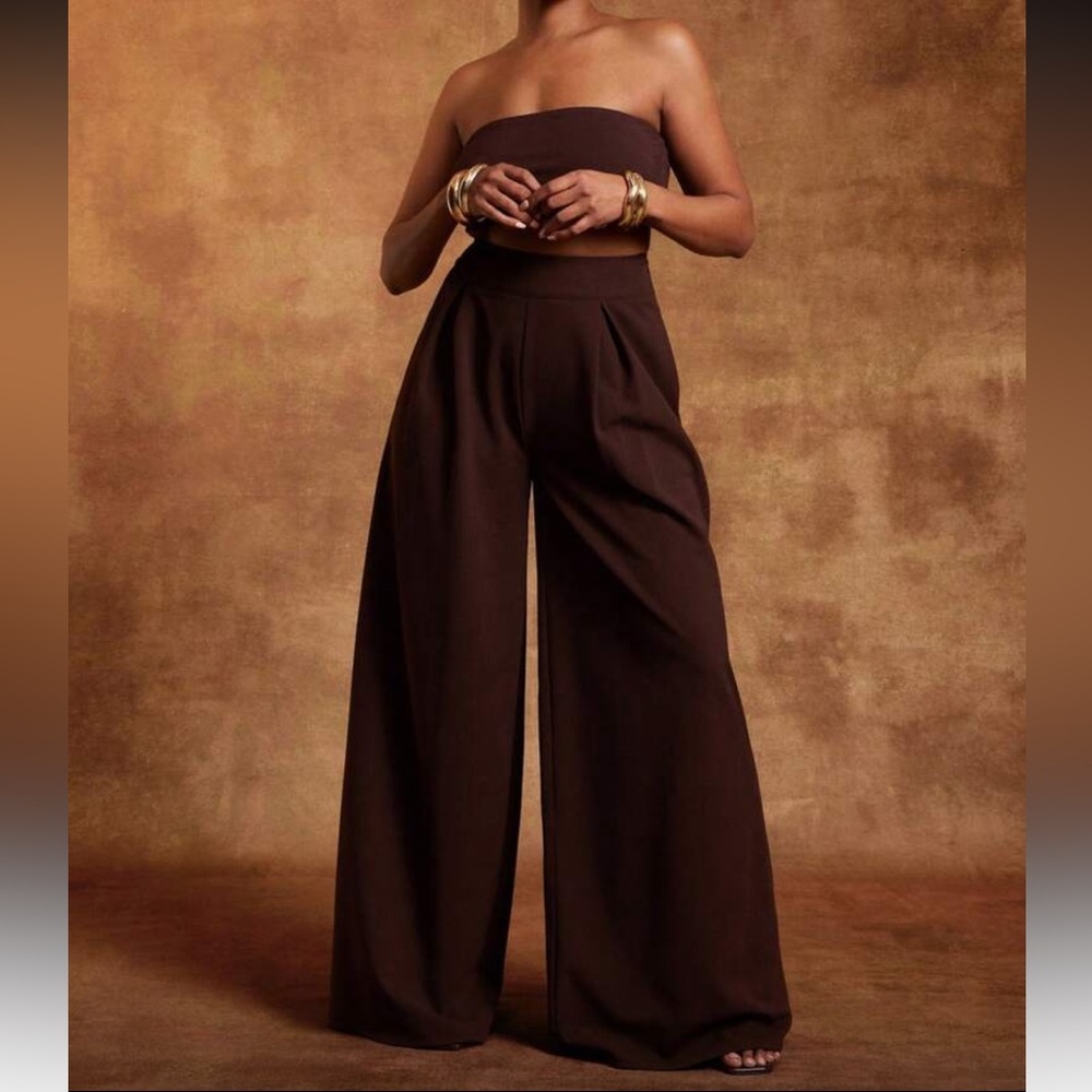Elegant Brown Women's Very Wide Leg Pants - Picture 5 of 5